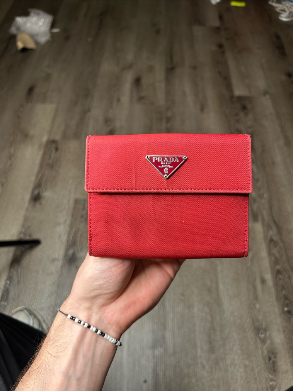 Prada Red Saffiano Trifold Wallet with Triangle Logo